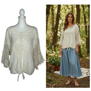 Spiaggia Dolce Cream Lace Crochet Tie Front Top Sz L Festival Boho Feminine EUC